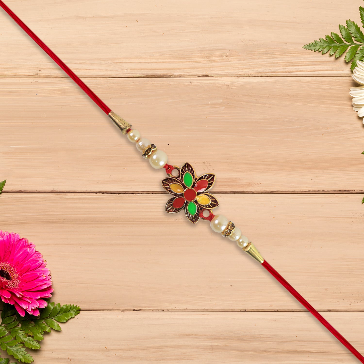 Multicolor Floral Rakhi With Pearl Beads And Red Thread  Festive Designer Bracelet For Raksha Bandhan