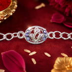 Premium Silver Ganesha Rakhi With Stones Chain Bracelet For Brother (1 Pc)